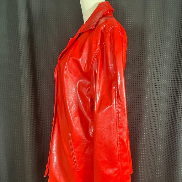 Vintage 90s Y2K Does 60s Womans Red Vinyl Jacket Lined Pockets Mod Go Go - Picture 5 of 16